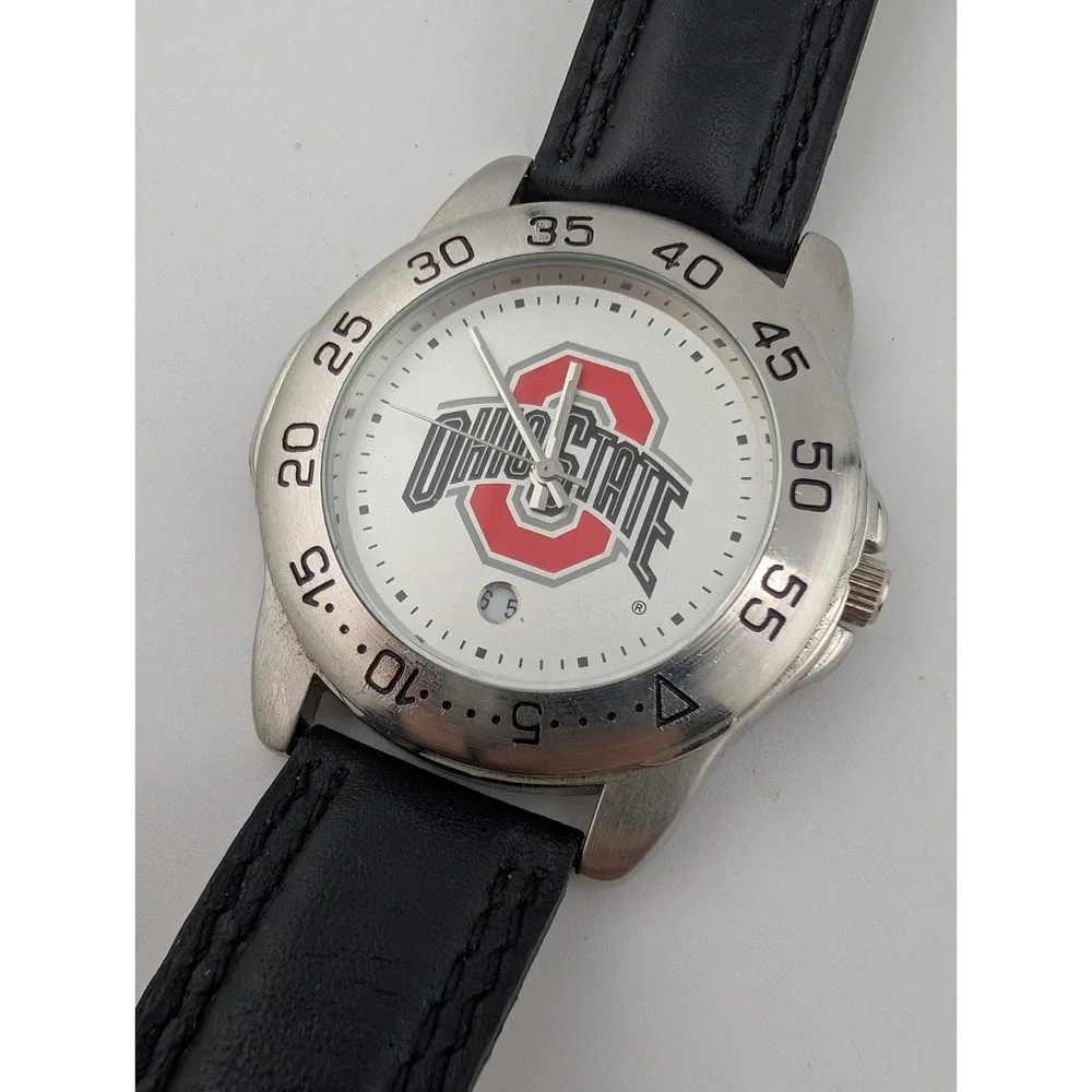 Ohio State Buckeyes Sun Time Men's Watch Black Leather Band- New Battery